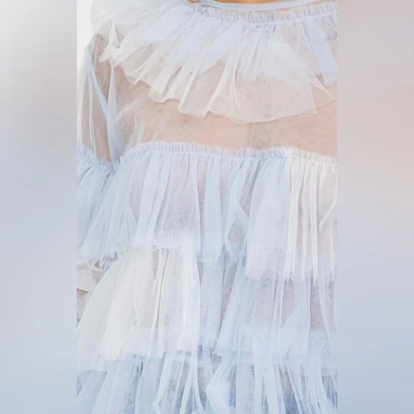 Women's Sheer Ruffle Blouse - Light Blue - Picture 4 of 4